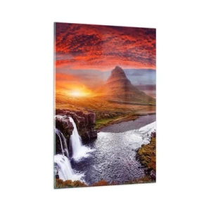 Impression sur verre - Image sur verre - Paysage de montagne avec une cascade au coucher du soleil - 80x120cm - Vue de la terre du milieu - Décoration murale moderne pour le salon et la chambre ARTTOR