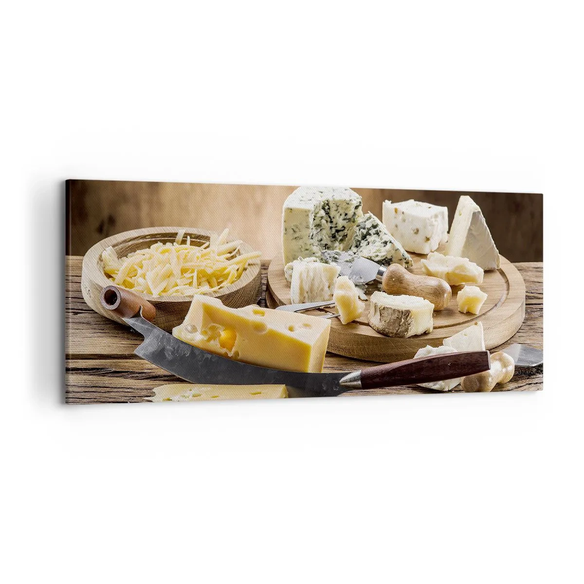 Impression sur toile - Image sur toile - Un plateau de fromages avec différents types sur une table en bois - 120x50cm - Sourire au fromage - Décoration murale moderne pour le salon et la chambre ARTTOR