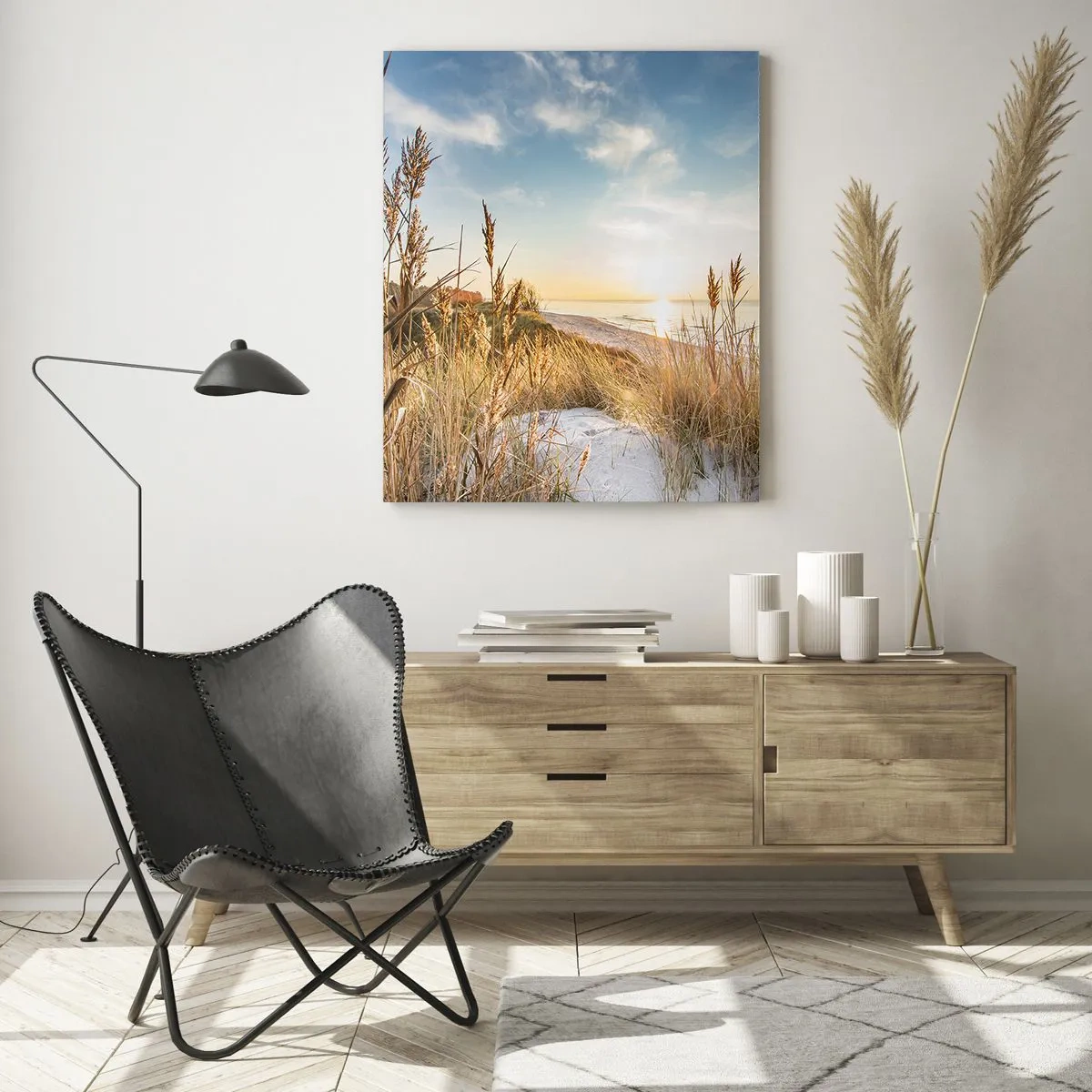 Impression sur verre - Image sur verre - Coucher de soleil sur une plage avec des dunes couvertes d'herbe - 50x70cm - Plage du nord - Décoration murale moderne pour le salon et la chambre ARTTOR