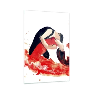 Impression sur verre - Image sur verre - Une aquarelle dynamique d'un couple dansant aux couleurs rouges. - 70x100cm - Tango - une vague sensuelle - Décoration murale moderne pour le salon et la chambre ARTTOR