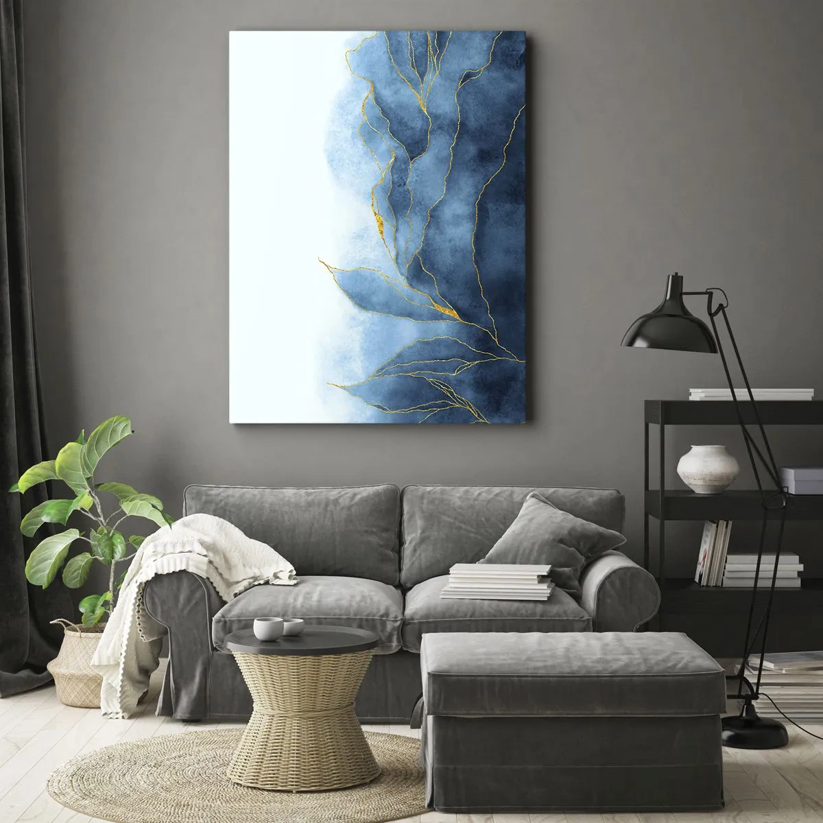 Impression sur toile - Image sur toile - Vagues abstraites dans des tons de bleu avec des accents dorés - 50x70cm - Bleu doré - Décoration murale moderne pour le salon et la chambre ARTTOR