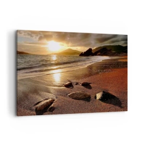 Impression sur toile - Image sur toile - Plage au coucher du soleil avec des pierres sur le rivage - 100x70cm - Suivez le soleil sur les collines - Décoration murale moderne pour le salon et la chambre ARTTOR
