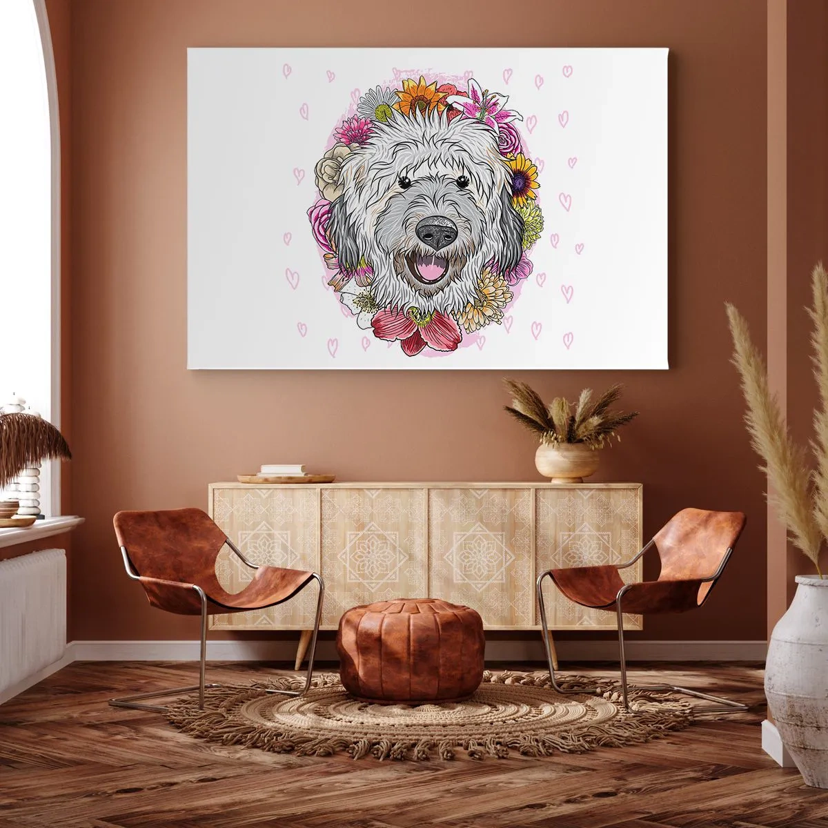 Impression sur toile - Image sur toile - Un chien entouré de fleurs colorées - 120x80cm - La joie du chiot - Décoration murale moderne pour le salon et la chambre ARTTOR