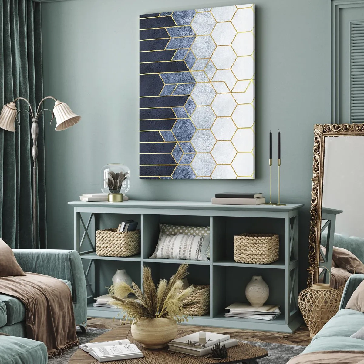 Impression sur toile - Image sur toile - Motif géométrique dans les tons or et bleu marine - 70x100cm - Composition en rythme syncopé - Décoration murale moderne pour le salon et la chambre ARTTOR