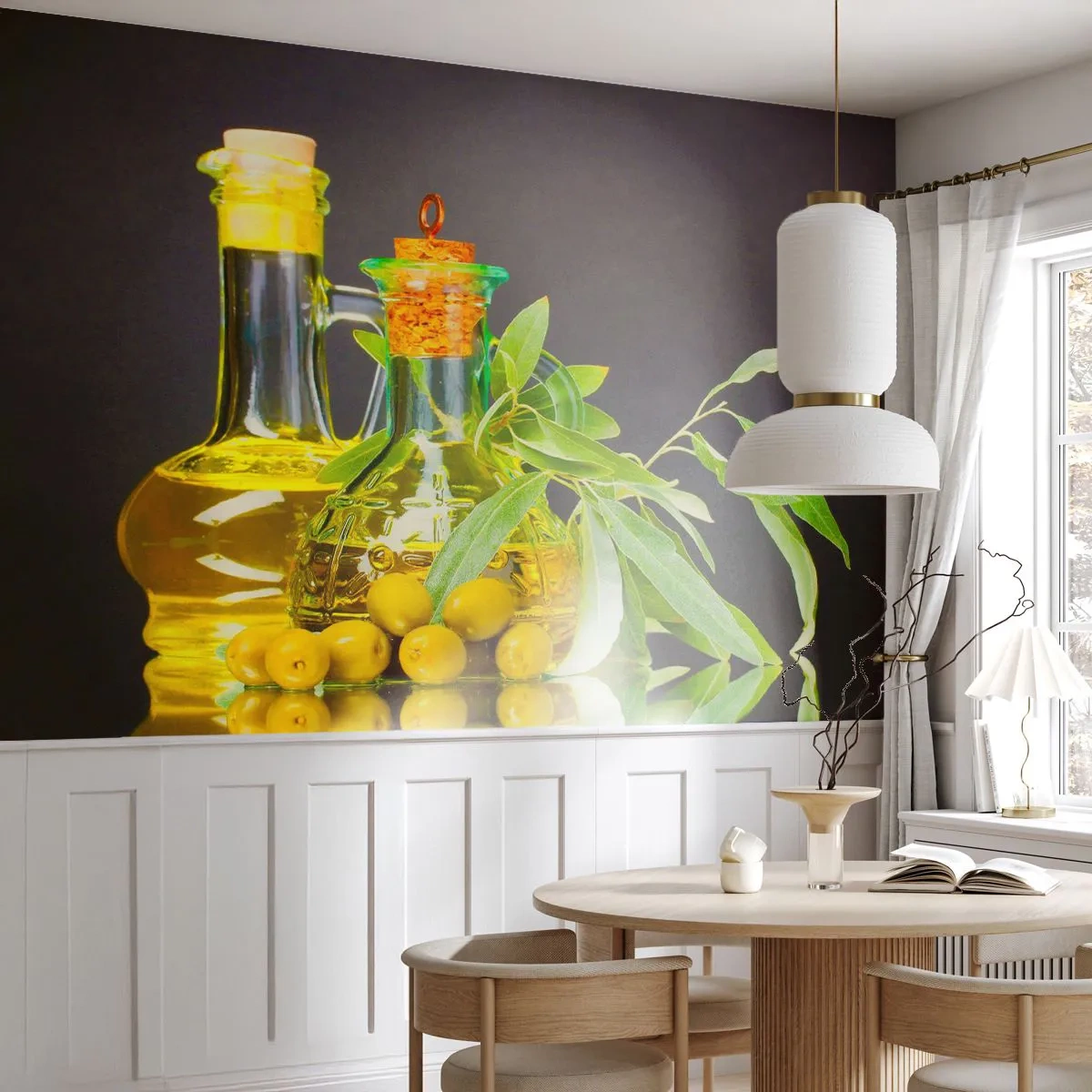 Papier Peint Autocollant Deluxe Sticker - Nature morte aux olives et à l'huile d'olive - La gastronomie, Olives, Huile - 350x256 cm