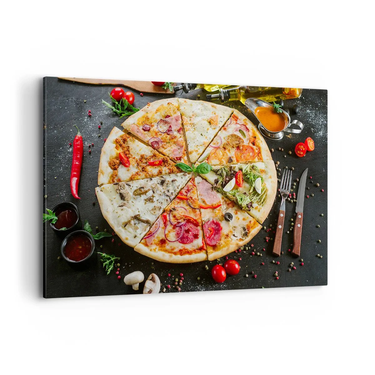 Impression sur toile - Image sur toile - Pizza aux saveurs variées avec un fond de garnitures - 120x80cm - Une gamme de saveurs - Décoration murale moderne pour le salon et la chambre ARTTOR