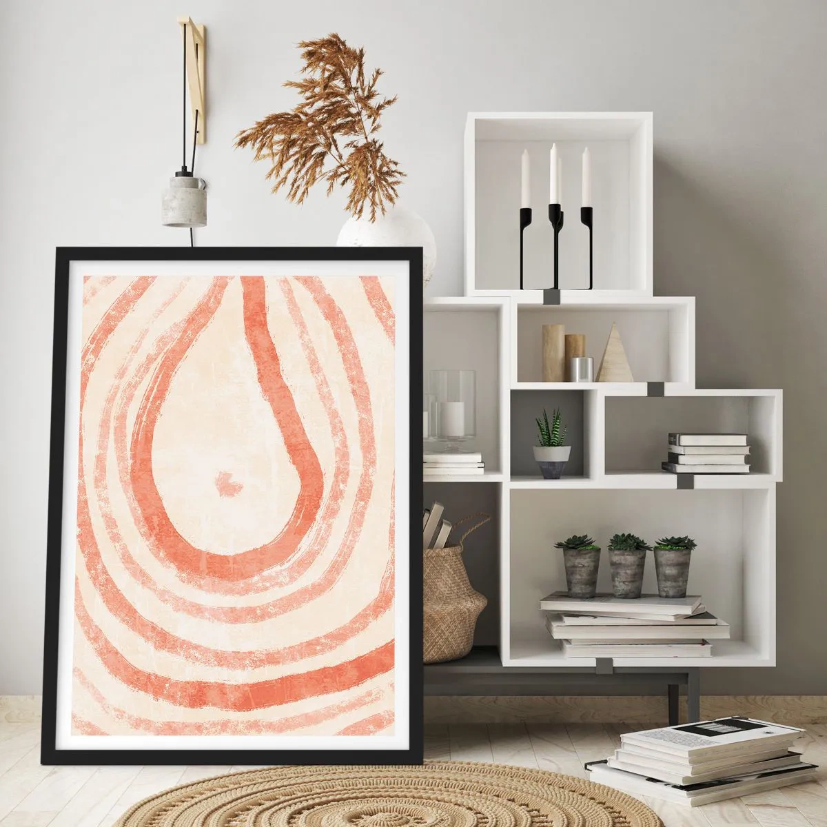 Affiche dans un cadre noir - Poster - Un motif abstrait aux couleurs chaudes et terreuses. - 50x70cm - Cercles de corail – composition - Décoration murale moderne pour le salon et la chambre ARTTOR