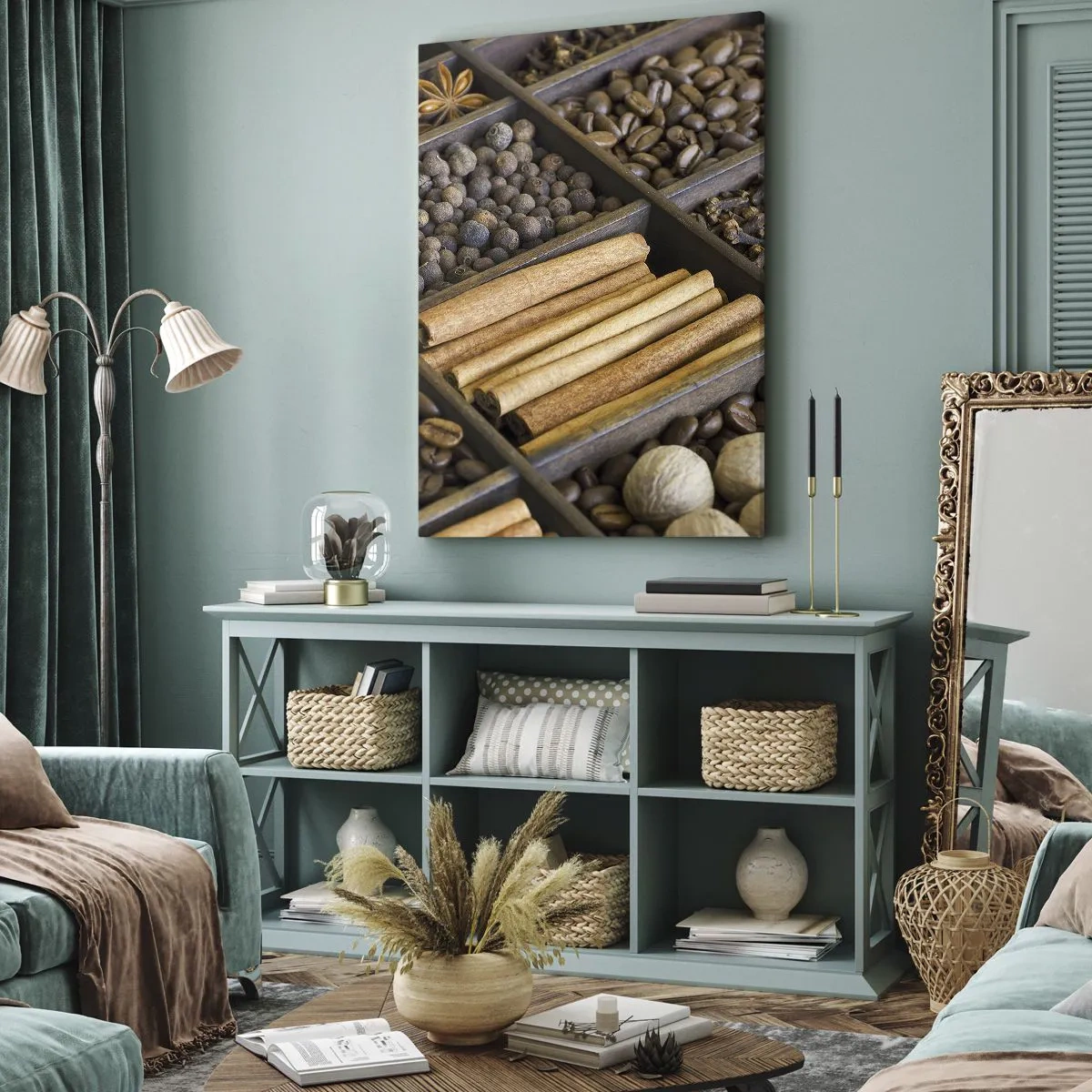 Impression sur toile - Image sur toile - Épices et café dans des compartiments en bois - 80x120cm - Trésor d'arômes - Décoration murale moderne pour le salon et la chambre ARTTOR