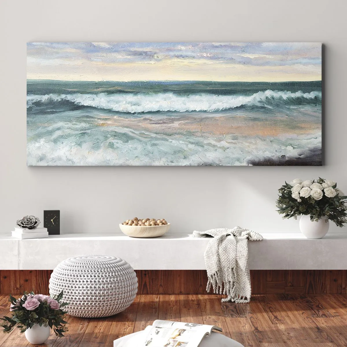 Impression sur toile - Image sur toile - Vagues de la mer contre un ciel nuageux au coucher du soleil - 140x50cm - Ici tu adouciras ton âme - Décoration murale moderne pour le salon et la chambre ARTTOR