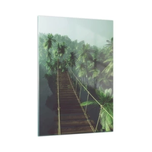 Impression sur verre - Image sur verre - Un pont de corde dans la jungle entouré de palmiers - 50x70cm - Au fil de la verdure - Décoration murale moderne pour le salon et la chambre ARTTOR