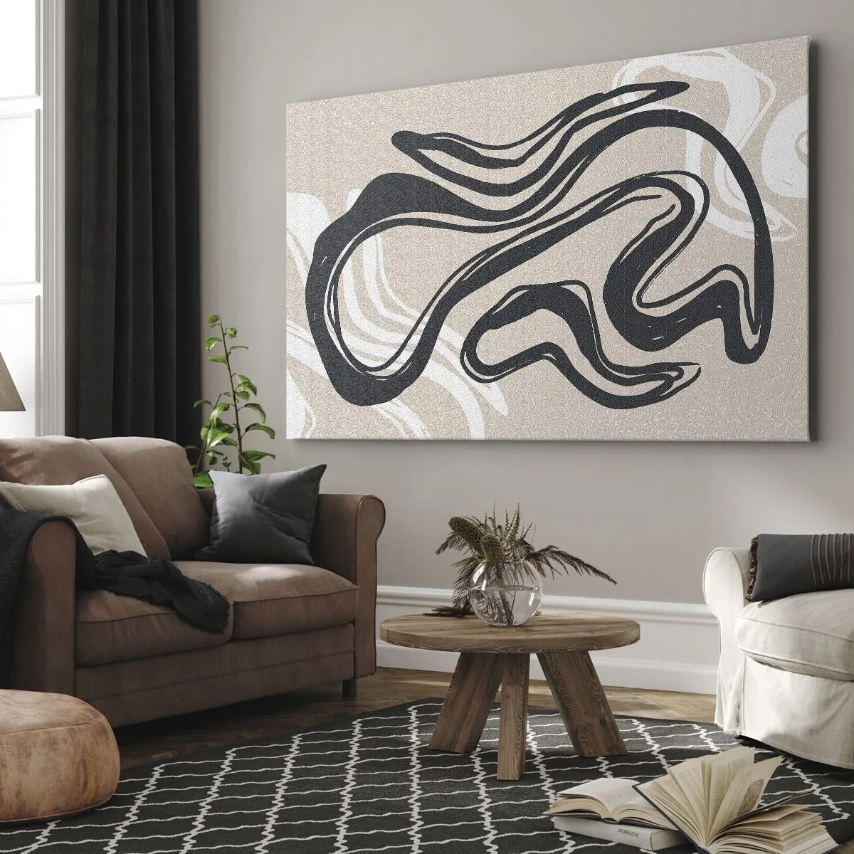 Impression sur toile - Image sur toile - Lignes abstraites dans des tons sombres sur fond beige - 70x50cm - Expression multipliée - Décoration murale moderne pour le salon et la chambre ARTTOR