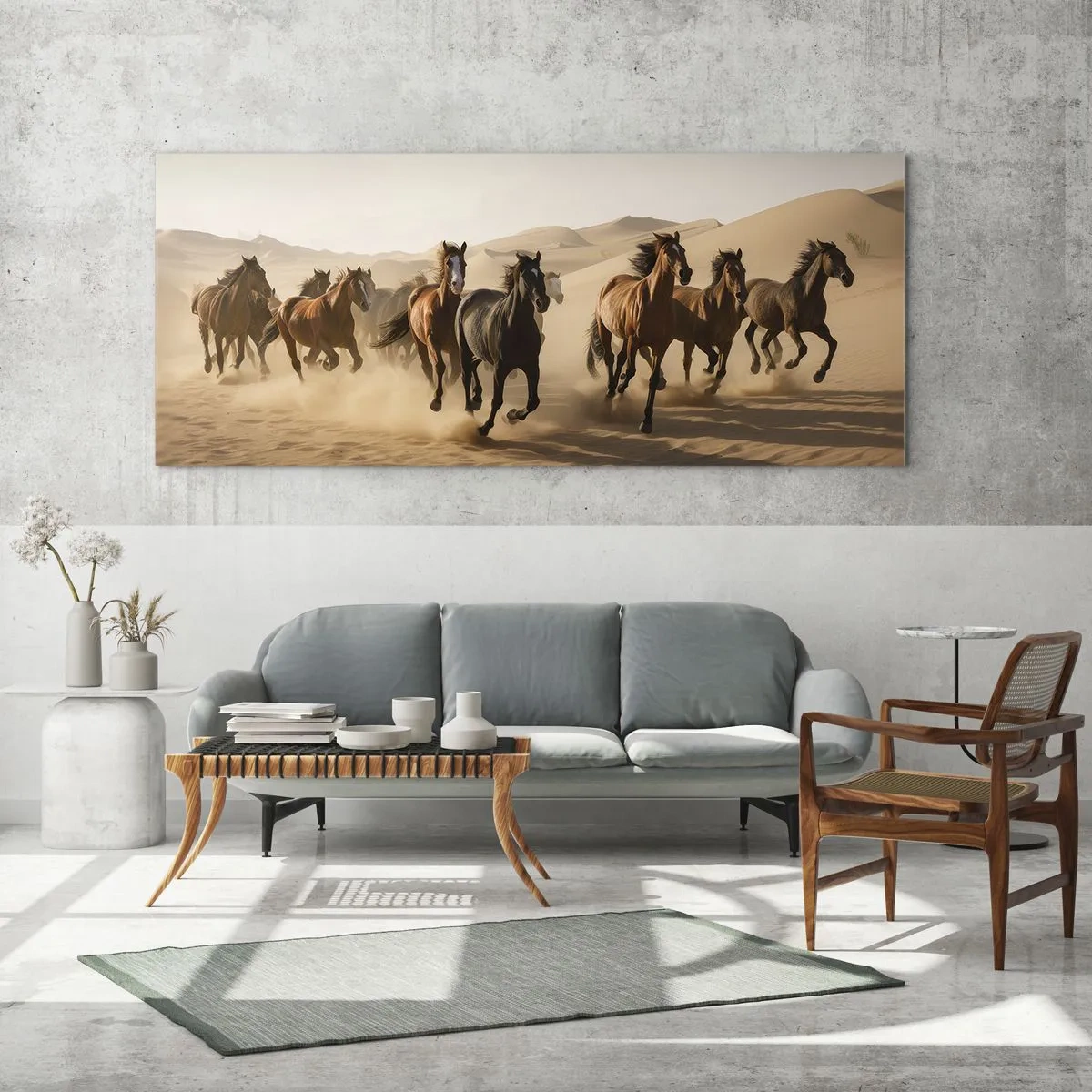Impression sur verre - Image sur verre - Chevaux au galop sur fond de désert - 160x50cm - Libre comme le vent - Décoration murale moderne pour le salon et la chambre ARTTOR