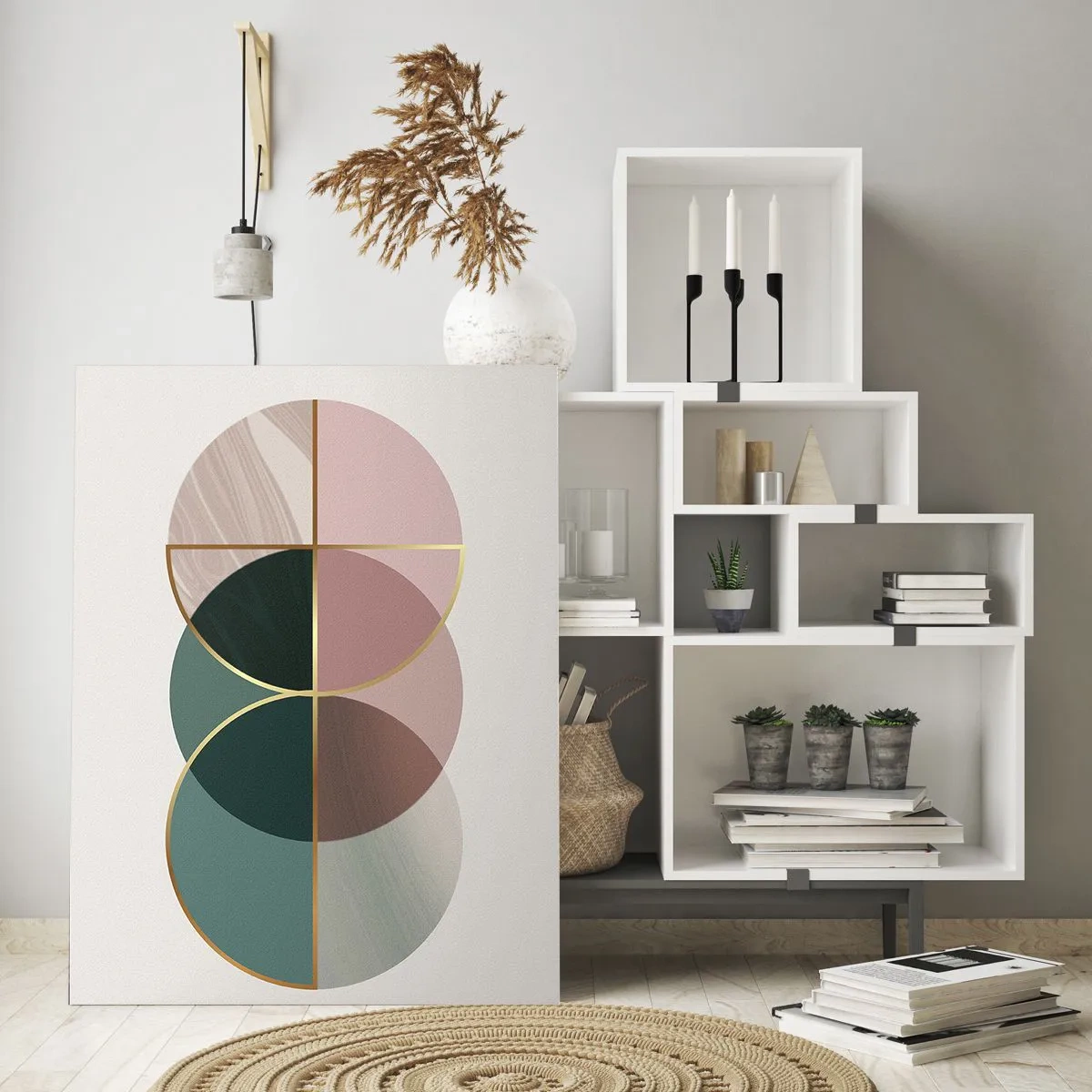 Impression sur verre - Image sur verre - Une composition abstraite de formes géométriques et de lignes dorées. - 70x100cm - Cercles après cercles - Décoration murale moderne pour le salon et la chambre ARTTOR