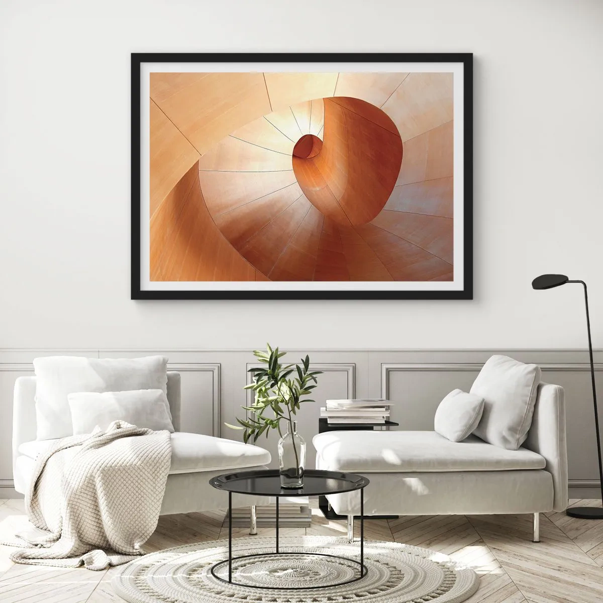 Affiche dans un cadre noir - Poster - Spirale abstraite dans les tons bois et marron clair - 100x70cm - Serpentin architectural - Décoration murale moderne pour le salon et la chambre ARTTOR