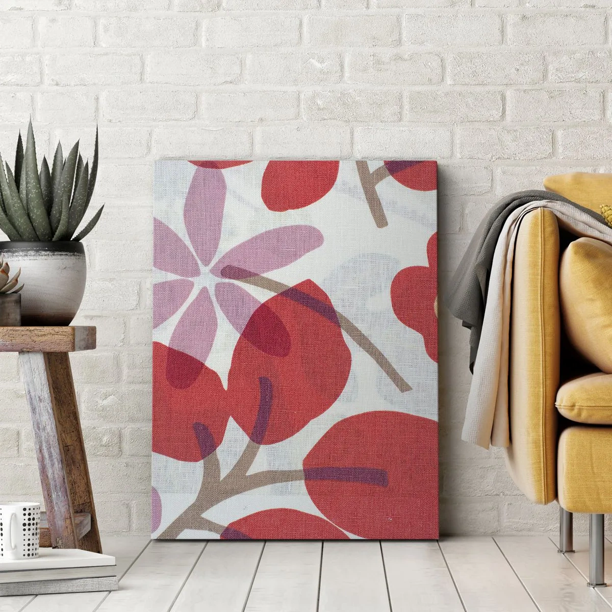 Impression sur toile - Image sur toile - Fleurs et feuilles dans les tons de rouge et de rose - 50x70cm - Composition florale dans les roses - Décoration murale moderne pour le salon et la chambre ARTTOR