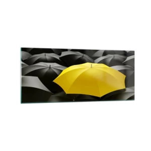 Impression sur verre - Image sur verre - Un parapluie jaune parmi des parapluies noirs - 120x50cm - Adieu chagrin - Décoration murale moderne pour le salon et la chambre ARTTOR