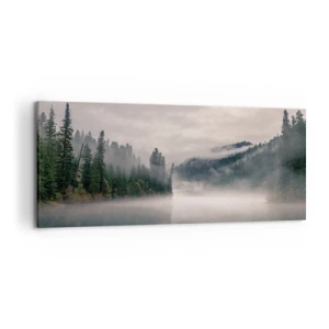 Impression sur toile - Image sur toile - Une forêt brumeuse se reflétant dans un lac calme - 120x50cm - Reflet dans le brouillard - Décoration murale moderne pour le salon et la chambre ARTTOR