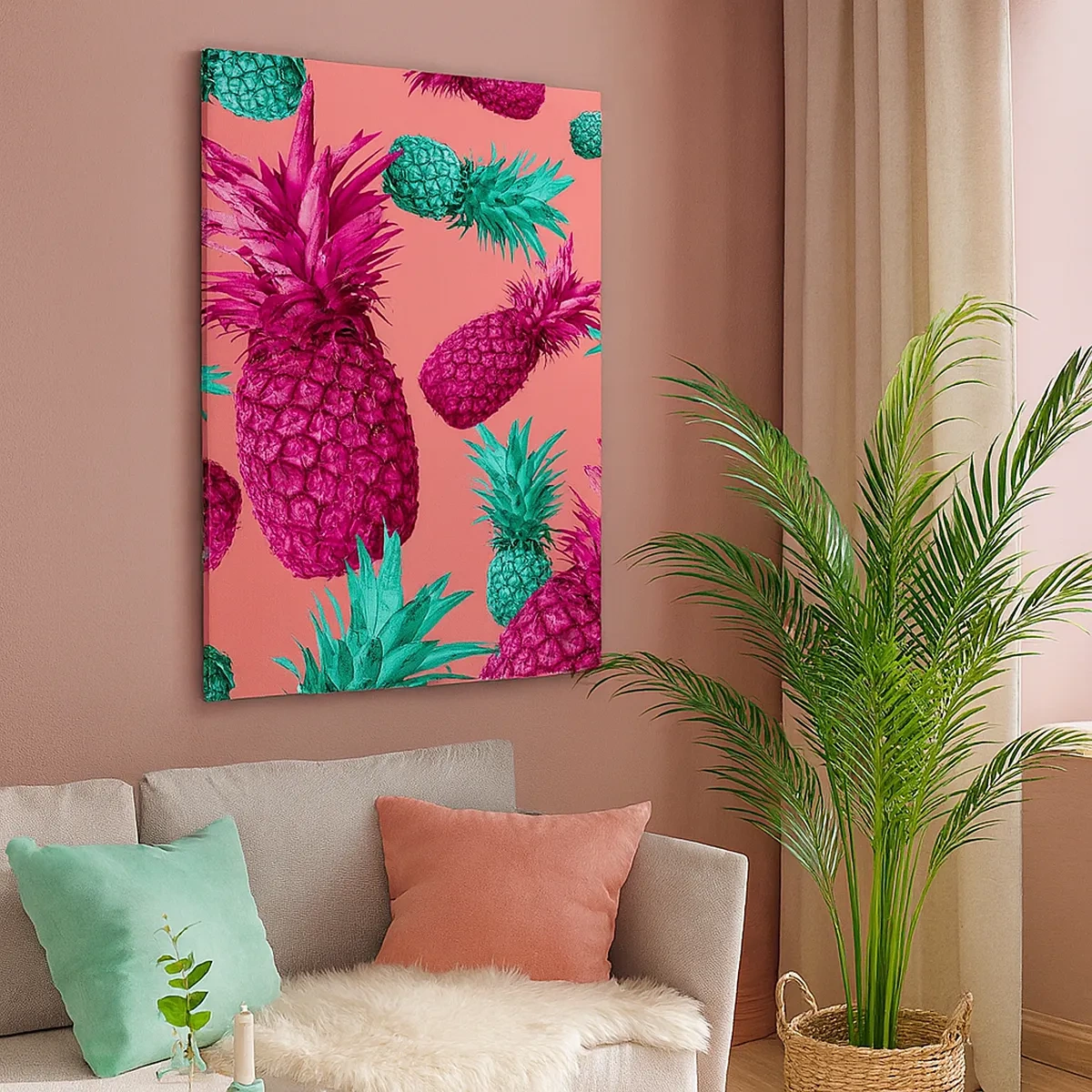 Impression sur toile - Image sur toile - Ananas exotiques aux couleurs roses et turquoise - 50x70cm - La liberté est douce - Décoration murale moderne pour le salon et la chambre ARTTOR