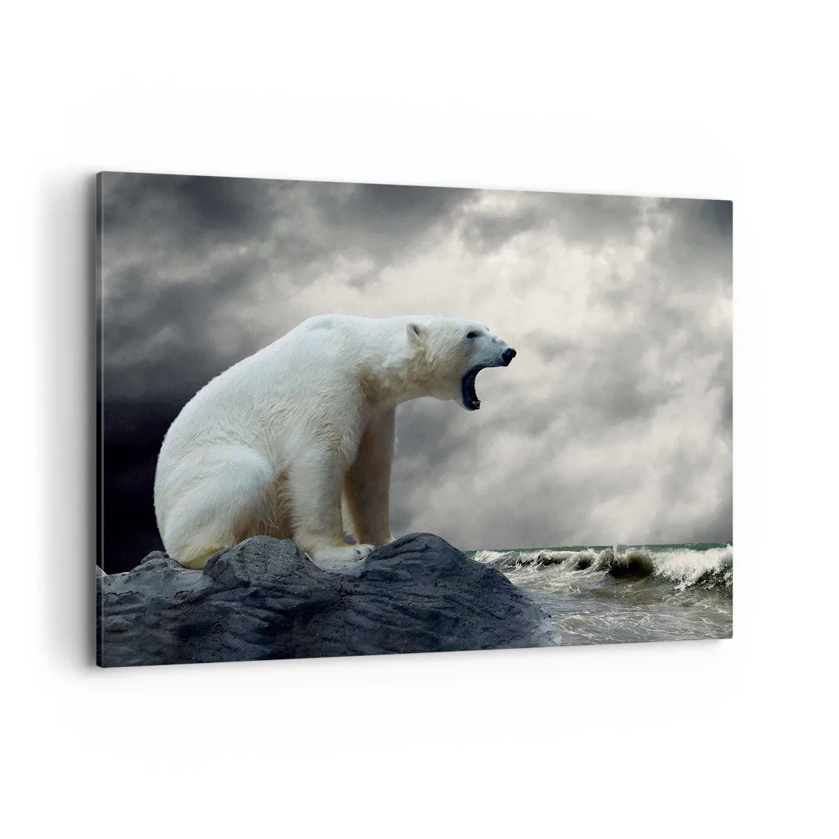 Impression sur toile - Image sur toile - Un ours polaire sur les rochers au-dessus d'une mer agitée - 100x70cm - Roi solitaire de l'Arctique - Décoration murale moderne pour le salon et la chambre ARTTOR