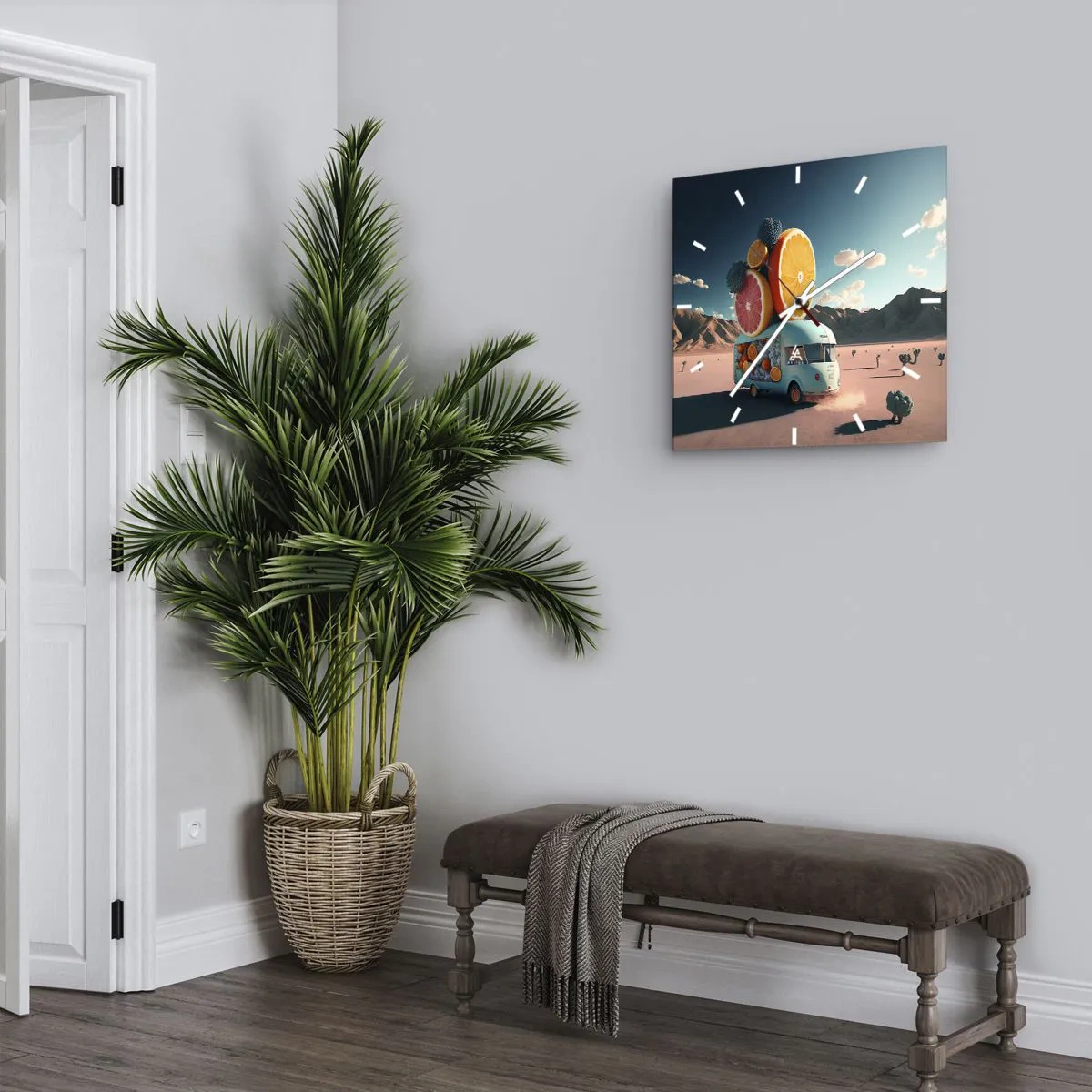 Horloge murale - Pendule murale - Camion de fruits dans un paysage désertique - 30x30cm - Le goût des vacances - Décoration murale moderne pour le salon et la chambre ARTTOR