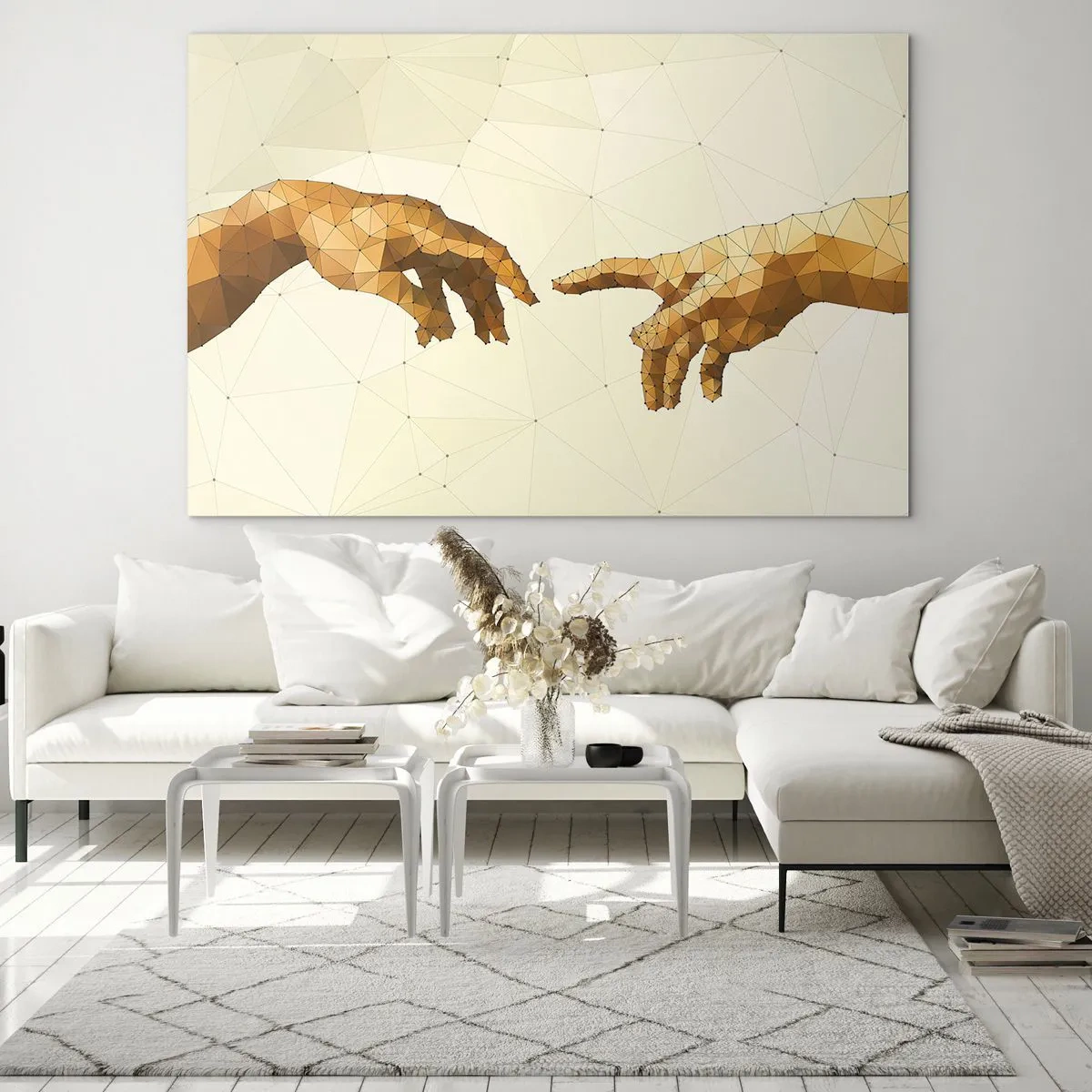 Impression sur verre - Image sur verre - Une version stylisée du tableau « La Création d'Adam » en technique polygonale - 100x70cm - Géométrie divine - Décoration murale moderne pour le salon et la chambre ARTTOR