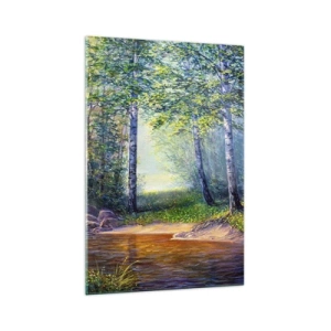 Impression sur verre - Image sur verre - Un ruisseau forestier entouré de bouleaux et de soleil - 70x100cm - Paysage idyllique - Décoration murale moderne pour le salon et la chambre ARTTOR