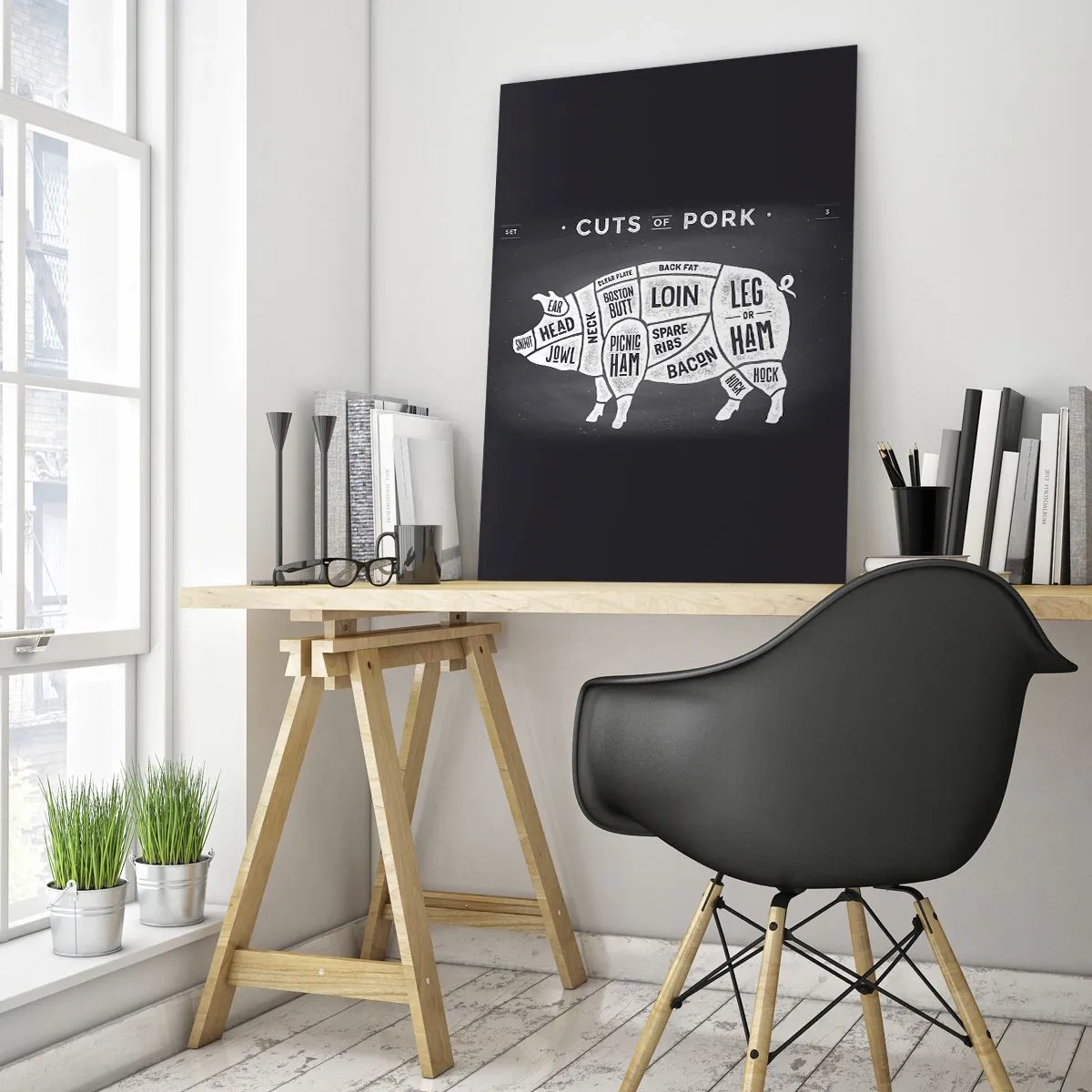 Impression sur verre - Image sur verre - Diagramme des coupes de porc sur un tableau noir - 50x70cm - L'art de la découpe - Décoration murale moderne pour le salon et la chambre ARTTOR