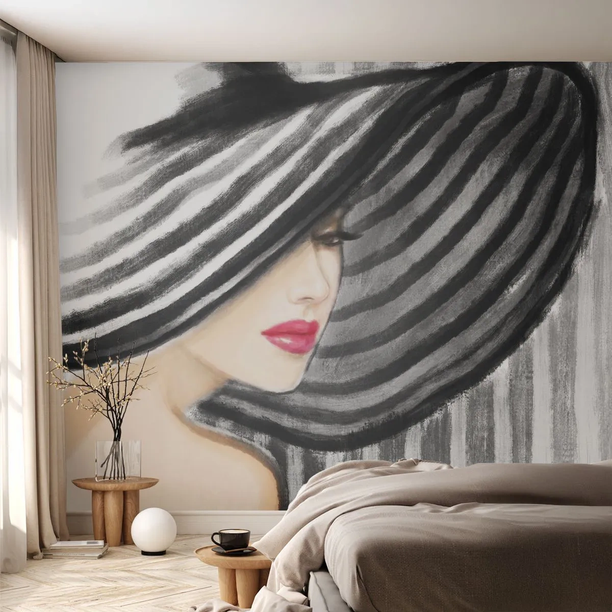 Papier Peint Photo Premium Sand - Femme élégante portant un chapeau à larges bords en noir et blanc - 100x70cm - Où te chercher ? - Décoration murale moderne pour le salon et la chambre ARTTOR