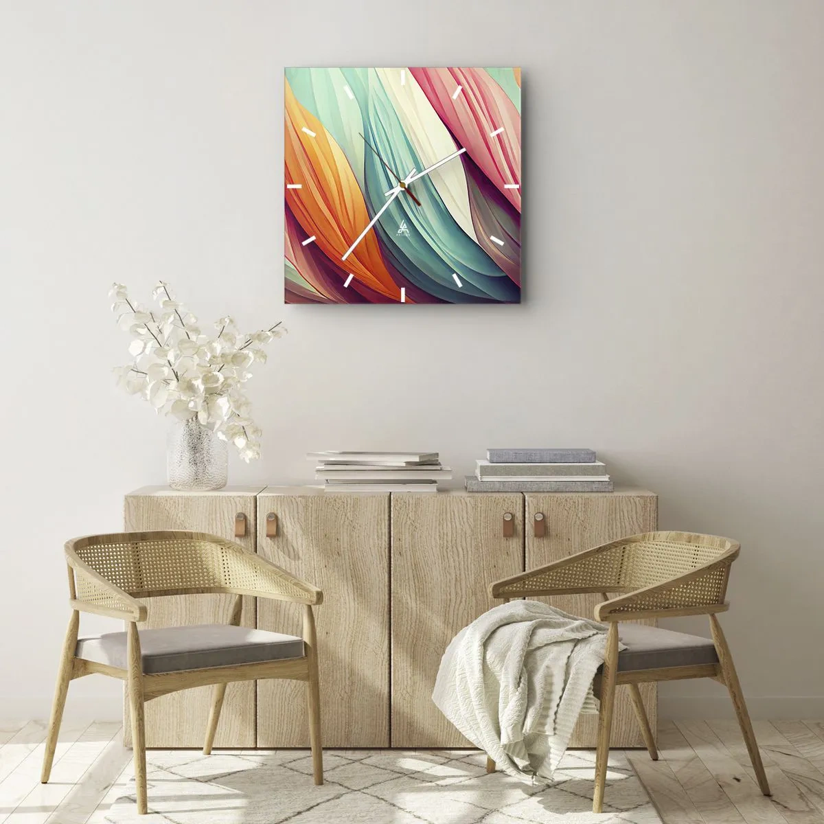 Horloge murale - Pendule murale - Lignes abstraites aux couleurs pastel et vibrantes - 30x30cm - Tissage arc-en-ciel - Décoration murale moderne pour le salon et la chambre ARTTOR