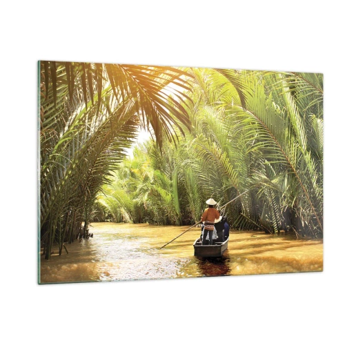 Impression sur verre - Image sur verre - Un bateau avec un homme à la rame navigue à travers une gorge bordée de palmiers - 120x80cm - Ravin de palmier - Décoration murale moderne pour le salon et la chambre ARTTOR