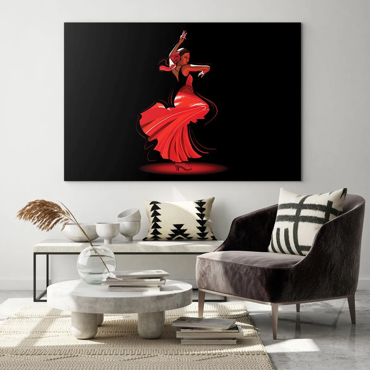 Impression sur verre - Image sur verre - Danseuse de flamenco en robe rouge sur fond noir - 100x70cm - L'esprit fougueux du flamenco - Décoration murale moderne pour le salon et la chambre ARTTOR