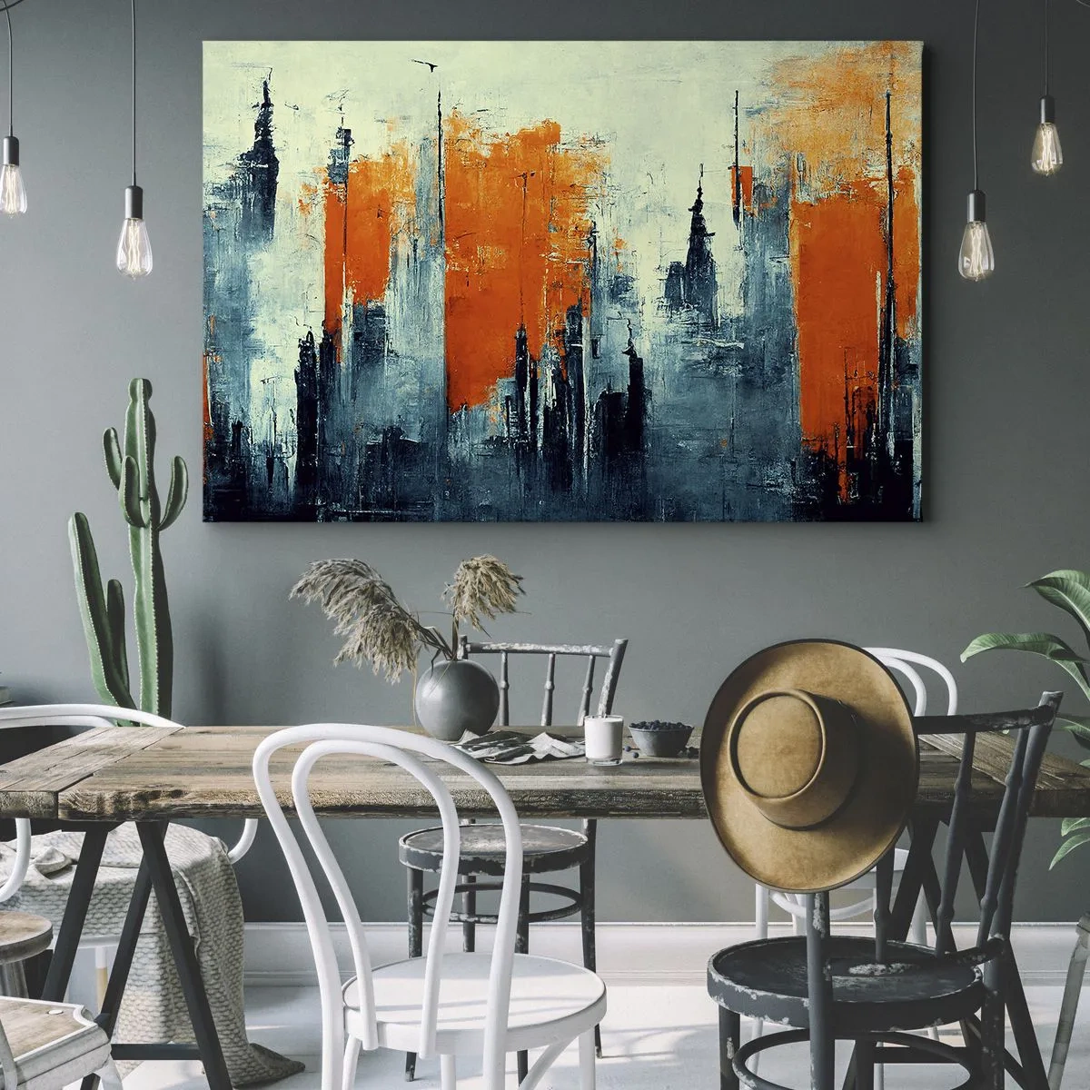 Impression sur toile - Image sur toile - Paysage urbain abstrait dans des tons orange et bleu - 120x80cm - Paysage moderne - Décoration murale moderne pour le salon et la chambre ARTTOR