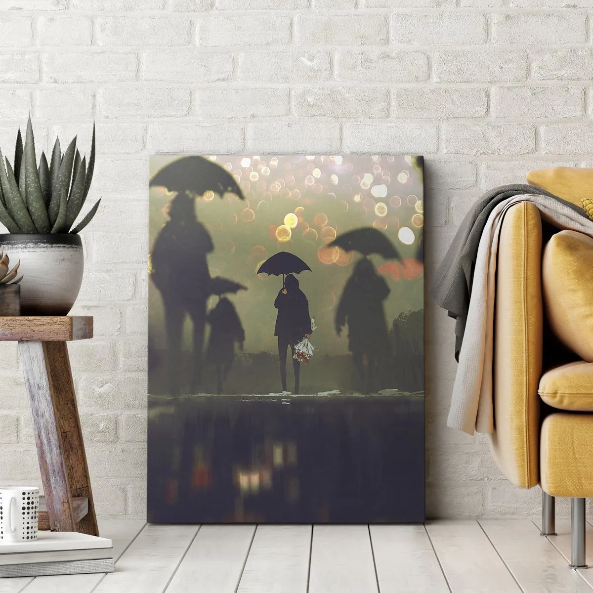 Impression sur toile - Image sur toile - Une silhouette avec un parapluie un soir pluvieux parmi les lumières de la ville - 50x70cm - Du point de vue d'une goutte de pluie - Décoration murale moderne pour le salon et la chambre ARTTOR