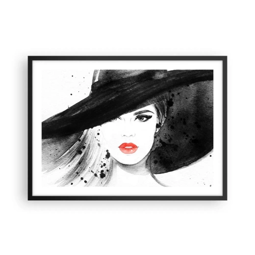 Affiche dans un cadre noir - Poster - Portrait d'une femme au chapeau et aux lèvres rouges - 70x50cm - Dame en noir - Décoration murale moderne pour le salon et la chambre ARTTOR