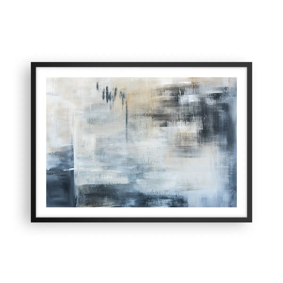 Affiche dans un cadre noir - Poster - Composition abstraite dans les tons de bleu et de gris - 70x50cm - Derrière le rideau bleu - Décoration murale moderne pour le salon et la chambre ARTTOR