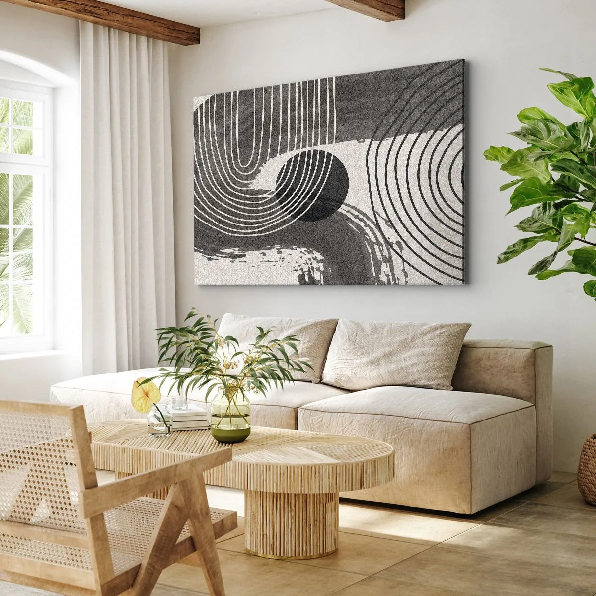 Impression sur toile - Image sur toile - Lignes géométriques et ovales dans des tons monochromes - 70x50cm - L'ovale gagne - Décoration murale moderne pour le salon et la chambre ARTTOR