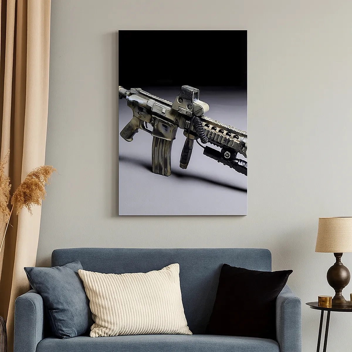 Impression sur toile - Image sur toile - Arme moderne de couleur camouflage sur fond sombre - 50x70cm - Toujours menaçant - Décoration murale moderne pour le salon et la chambre ARTTOR