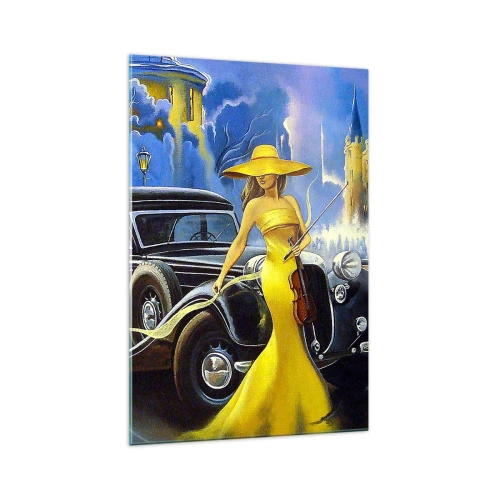 Impression sur verre - Image sur verre - Une femme en robe jaune avec un violon à côté d'une voiture rétro. - 70x100cm - Nocturne pour violon et amour - Décoration murale moderne pour le salon et la chambre ARTTOR