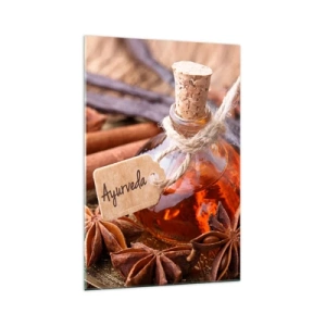 Impression sur verre - Image sur verre - Une bouteille d'huile d'épices sur un plateau - 70x100cm - Vers l'unité du corps et de l'esprit - Décoration murale moderne pour le salon et la chambre ARTTOR