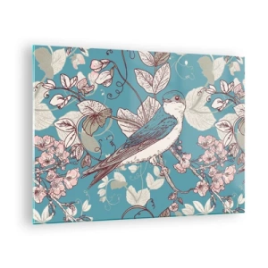 Impression sur verre - Image sur verre - Un oiseau sur une branche parmi des fleurs sur un fond turquoise - 70x50cm - Dans le bois blanc du rouge et de l'argent - Décoration murale moderne pour le salon et la chambre ARTTOR