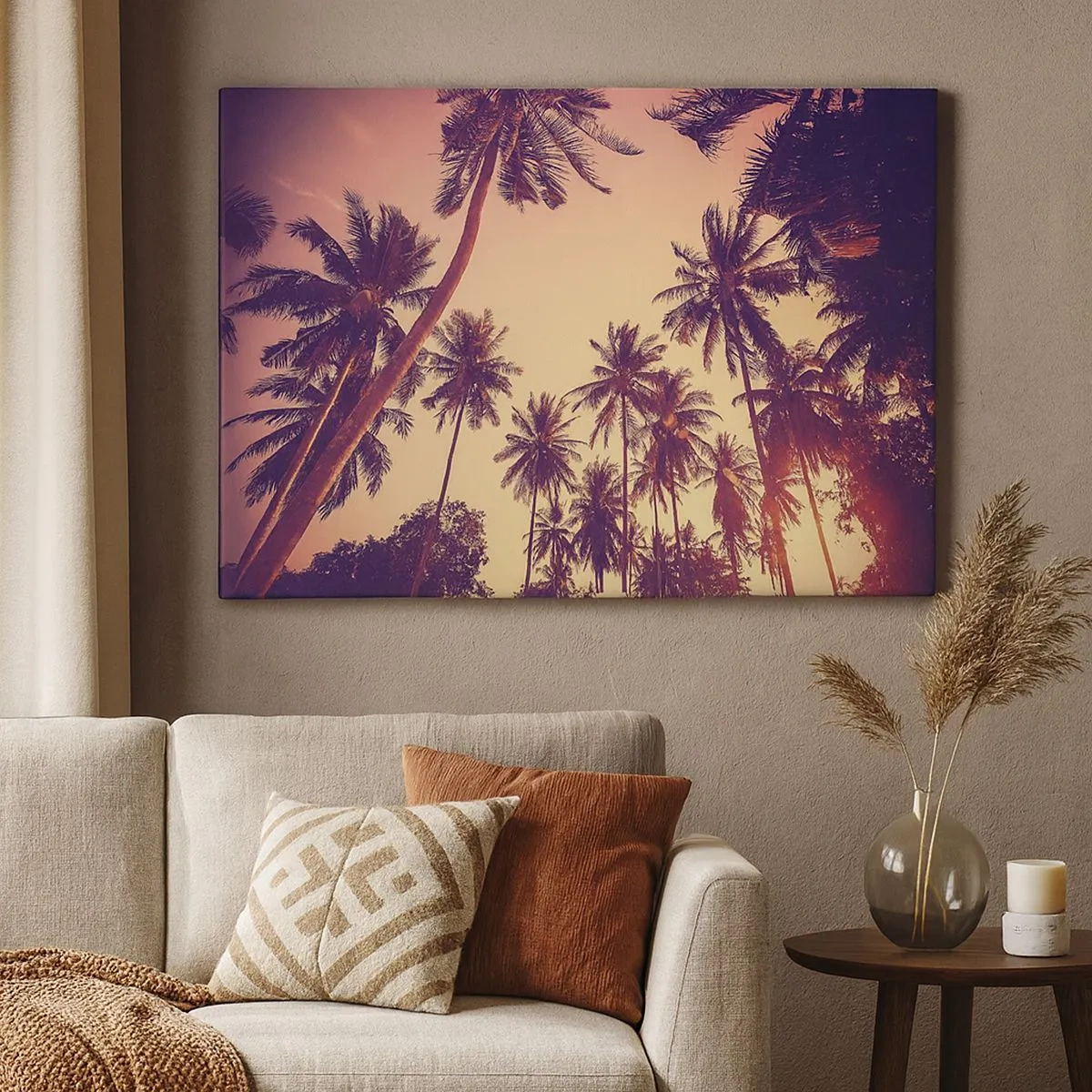 Impression sur toile - Image sur toile - Palmiers contre le ciel aux couleurs chaudes du coucher de soleil - 70x50cm - Variation tropicale - Décoration murale moderne pour le salon et la chambre ARTTOR