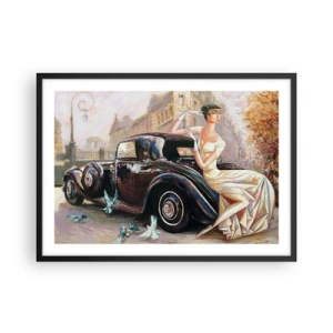Affiche dans un cadre noir - Poster - Femme rétro à côté d'une voiture classique - 70x50cm - L'élégance dans un style rétro - Décoration murale moderne pour le salon et la chambre ARTTOR