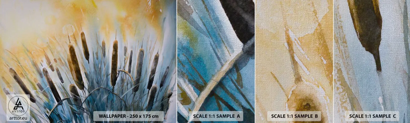 Échantillon de Papier Peint Premium Canvas - Fraicheur de l'eau, chaleur du soleil - Canne, Paysage, Fleurs - 100x30 cm