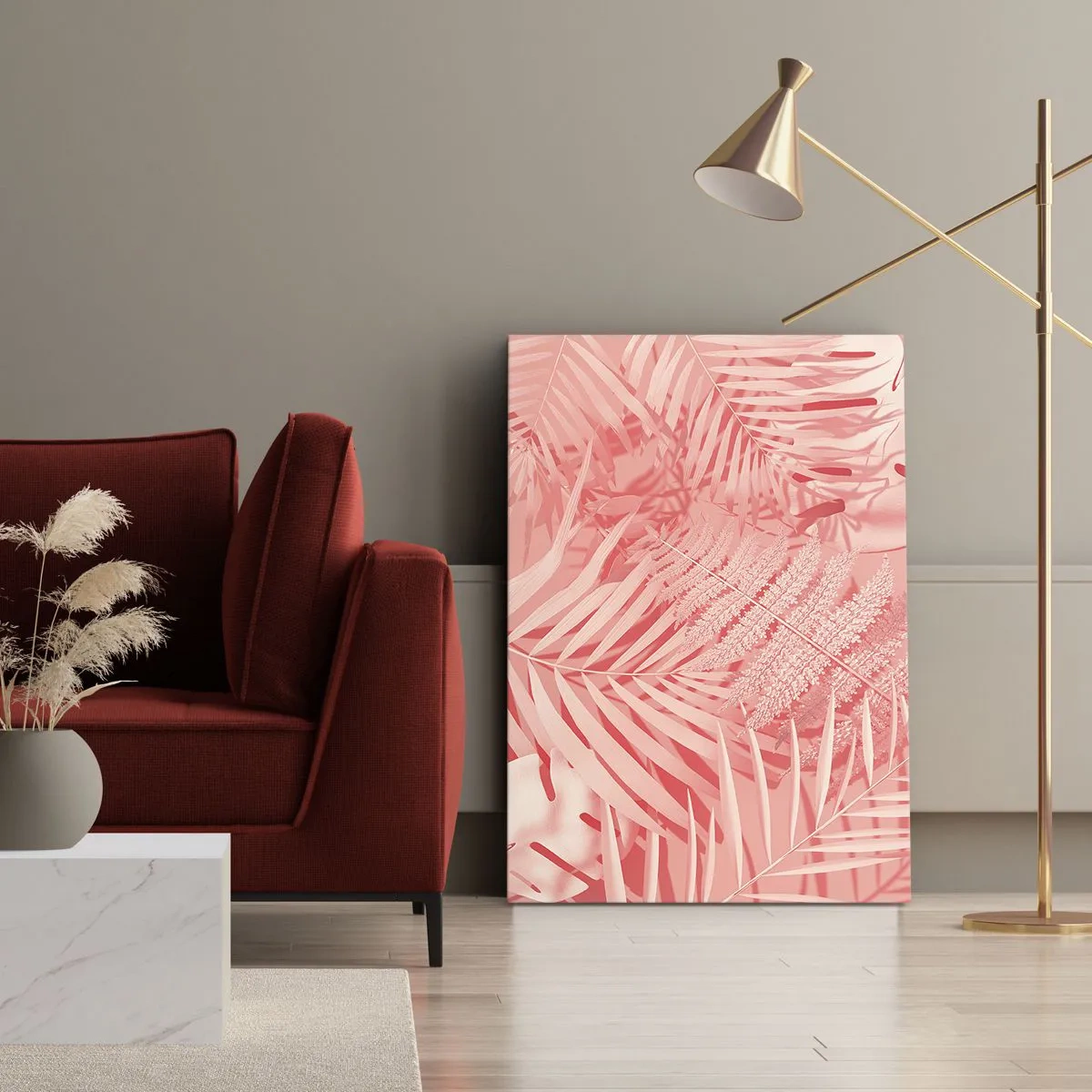 Impression sur toile - Image sur toile - Feuilles tropicales roses dans un style délicat et minimaliste - 70x100cm - Concept de rose - Décoration murale moderne pour le salon et la chambre ARTTOR