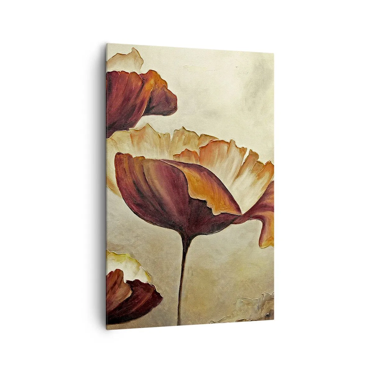 Impression sur toile - Image sur toile - Fleurs subtiles dans des tons de rouge et d'or sur un fond clair - 80x120cm - À la lisière des champs - Décoration murale moderne pour le salon et la chambre ARTTOR