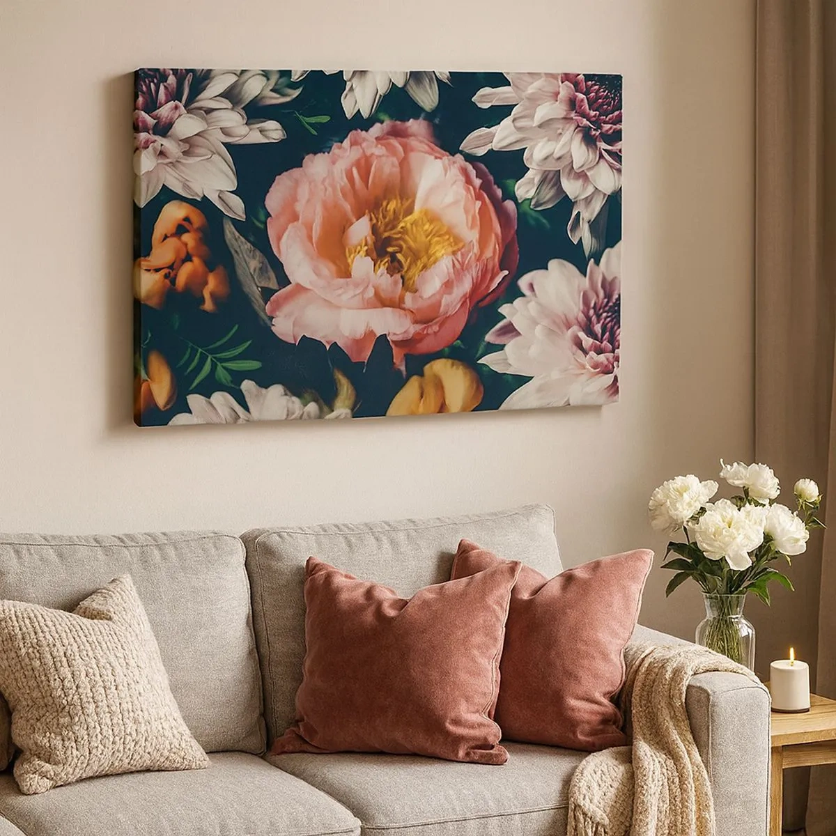 Impression sur toile - Image sur toile - Composition florale avec pivoines et chrysanthèmes sur fond sombre - 70x50cm - Splendeur baroque - Décoration murale moderne pour le salon et la chambre ARTTOR