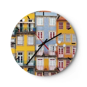 Horloge murale - Pendule murale - Façades colorées d'immeubles avec balcons et fenêtres - 30x30cm - Couleurs de vieille ville - Décoration murale moderne pour le salon, la cuisine et la chambre ARTTOR