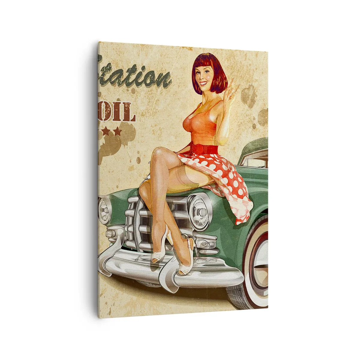 Impression sur toile - Image sur toile - Affiche rétro de la Route 66 avec une pin-up et une voiture - 70x100cm - Les superbes années 40. - Décoration murale moderne pour le salon et la chambre ARTTOR