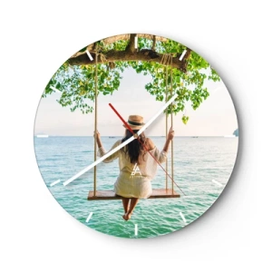 Horloge murale - Pendule murale - Femme sur une balançoire au bord de la mer dans un décor estival - 30x30cm - La vie est belle - Décoration murale moderne pour le salon, la cuisine et la chambre ARTTOR