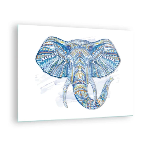 Impression sur verre - Image sur verre - Éléphant bleu dans un style artistique avec des motifs géométriques - 70x50cm - Incrusté d'or et de bleu ciel - Décoration murale moderne pour le salon et la chambre ARTTOR